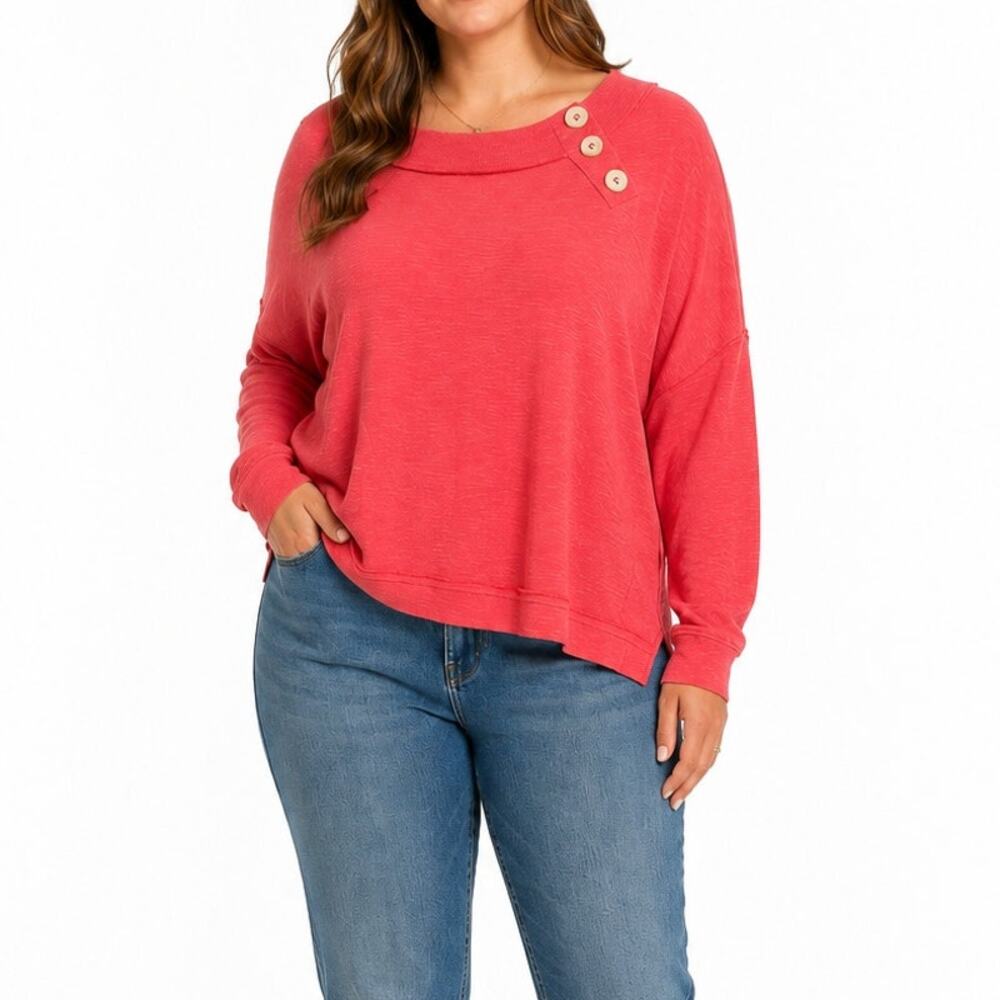 Free People We The Free Coral Knit Sweater Top L Button Detail Boho Casual